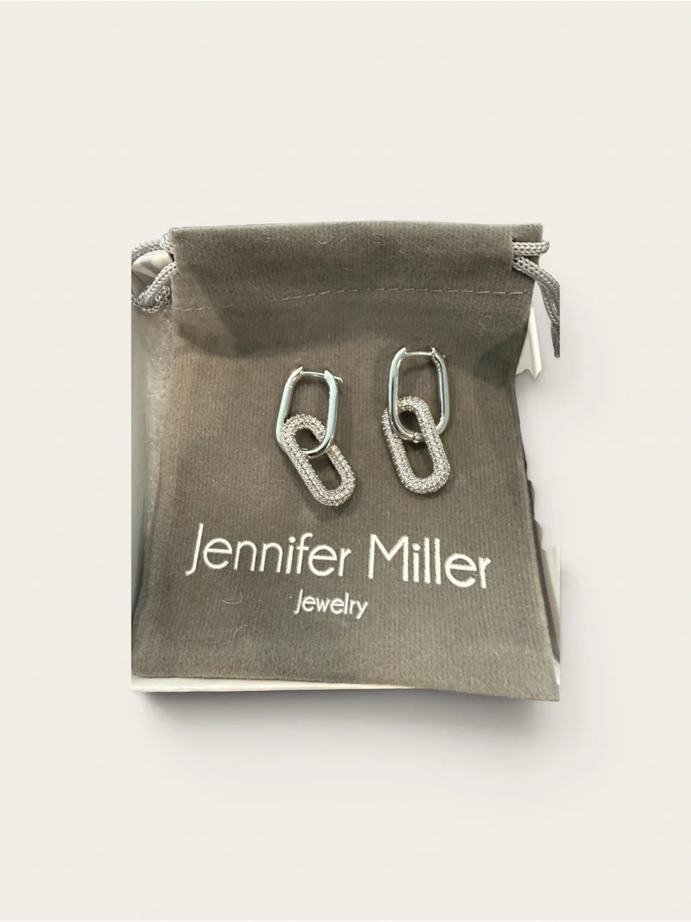 NWOT Jennifer Miller white gold plated detachable drop link earrings pouch/box